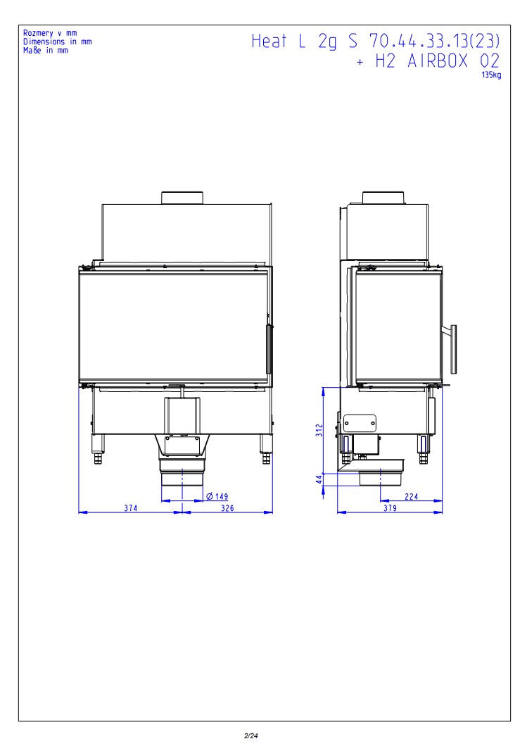 Romotop HEAT L 4g S 70.44.33.24 — узкая угловая каминная топка