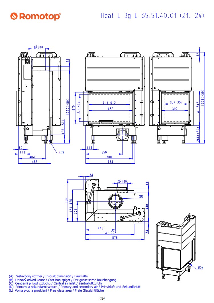 Romotop HEAT L 3g L 65.51.40.26 — угловая каминная топка тёмная камера