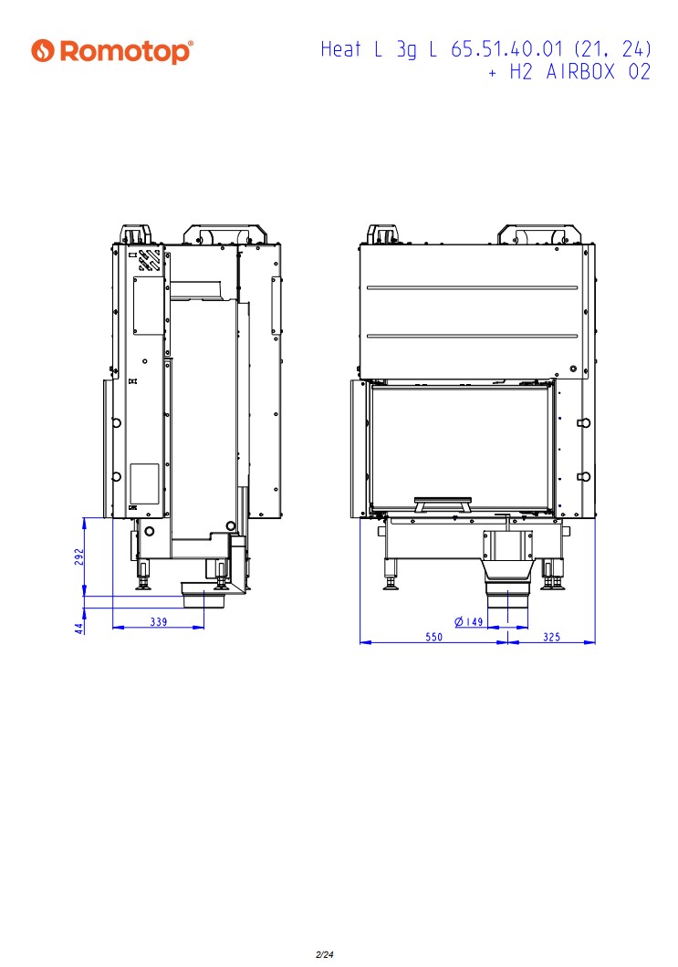 Romotop HEAT L 3g L 65.51.40.24 – кутова ліва камінна топка з гільйотиною