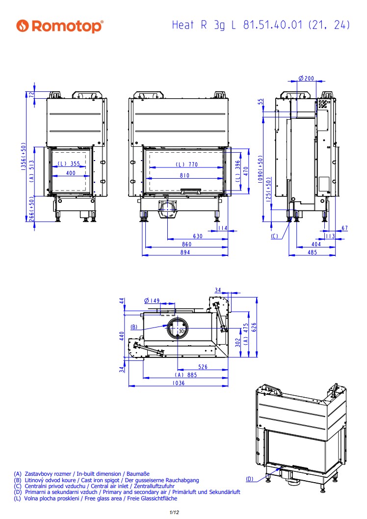 Romotop HEAT R 3g L 81.51.40.24 – кутова камінна топка з гільйотиною права