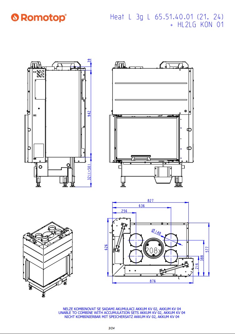 Romotop HEAT L 3g L 65.51.40.24 – кутова ліва камінна топка з гільйотиною