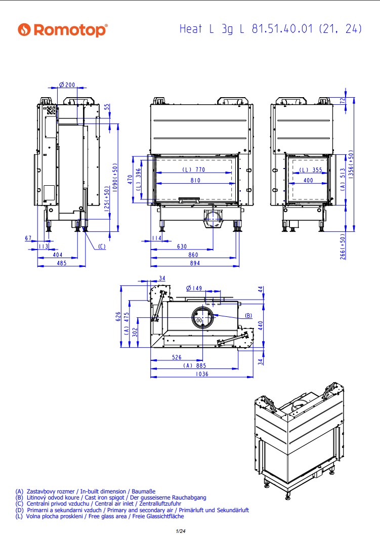 Romotop HEAT L 3g L 81.51.40.24 – кутова камінна топка з гільйотиною ліва
