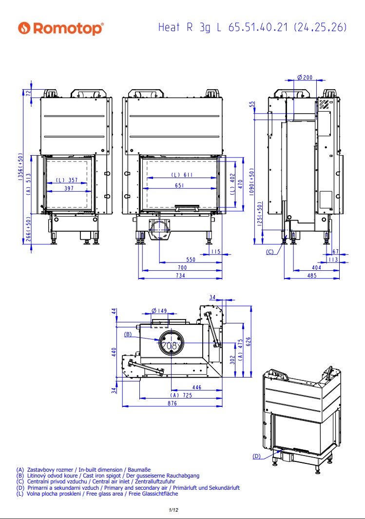 Romotop HEAT R 3g L 65.51.40.26 — угловая каминная топка тёмная камера