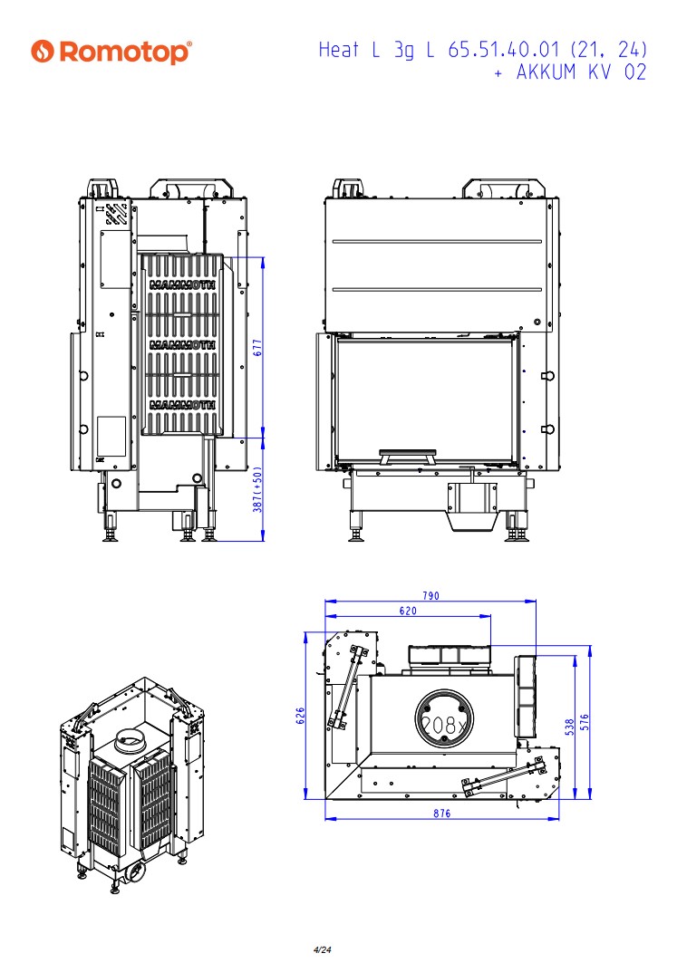 Romotop HEAT L 3g L 65.51.40.26 — угловая каминная топка тёмная камера