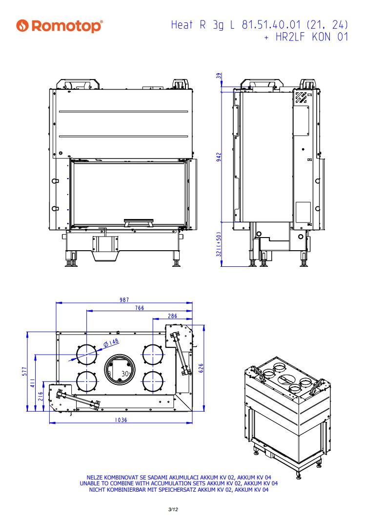 Romotop HEAT R 3g L 81.51.40.24 – кутова камінна топка з гільйотиною права