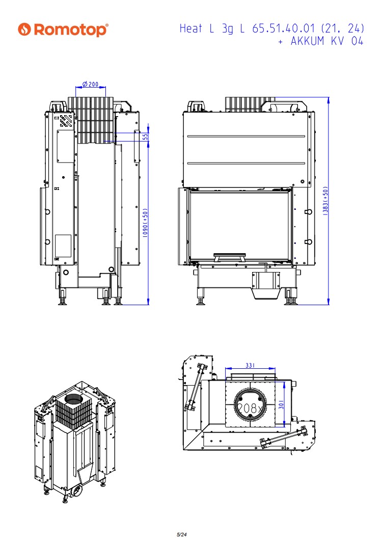 Romotop HEAT L 3g L 65.51.40.24 – кутова ліва камінна топка з гільйотиною