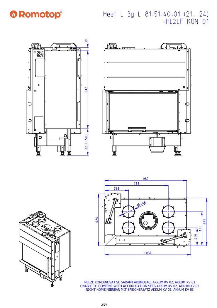 Romotop HEAT L 3g L 81.51.40.24 – кутова камінна топка з гільйотиною ліва