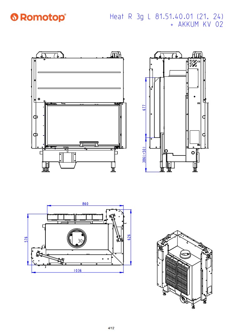 Romotop HEAT R 3g L 81.51.40.24 – кутова камінна топка з гільйотиною права