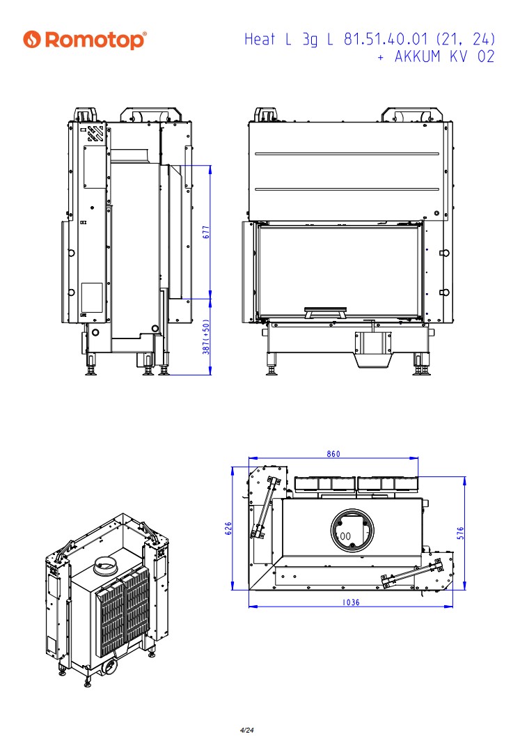 Romotop HEAT L 3g L 81.51.40.24 – кутова камінна топка з гільйотиною ліва