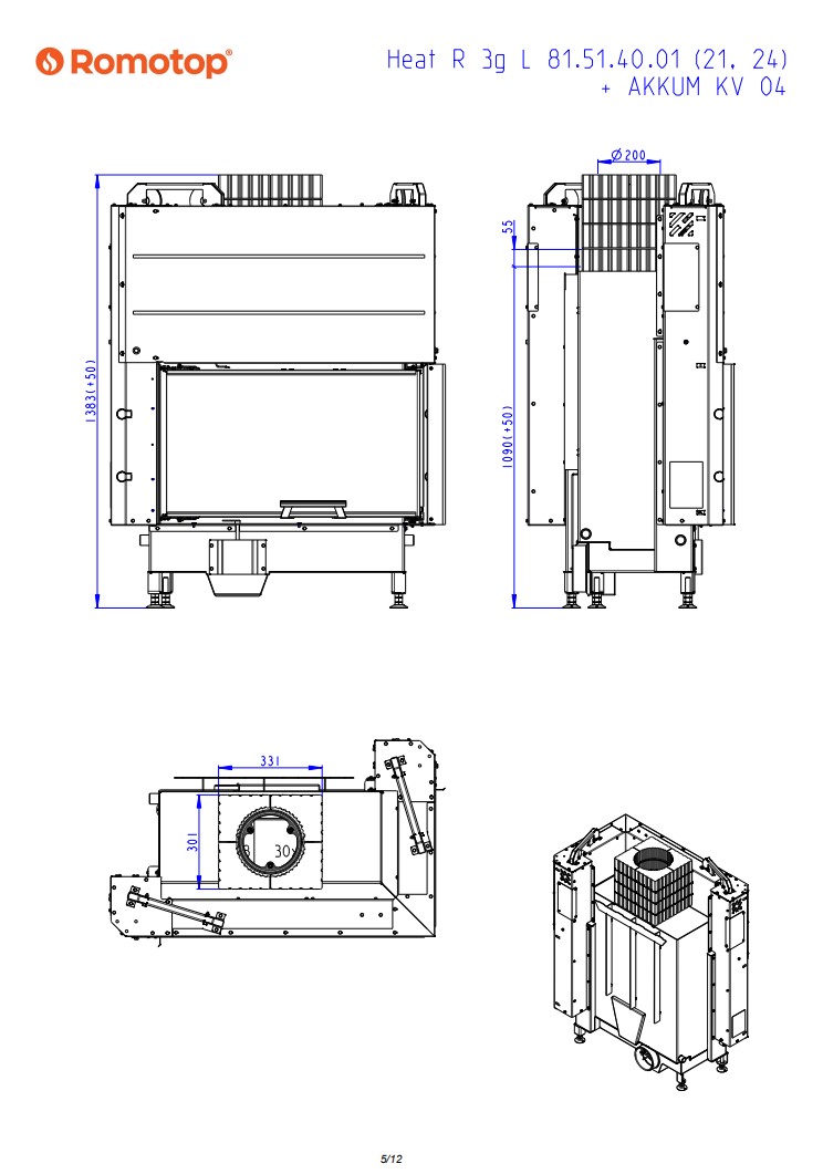 Romotop HEAT R 3g L 81.51.40.24 – кутова камінна топка з гільйотиною права