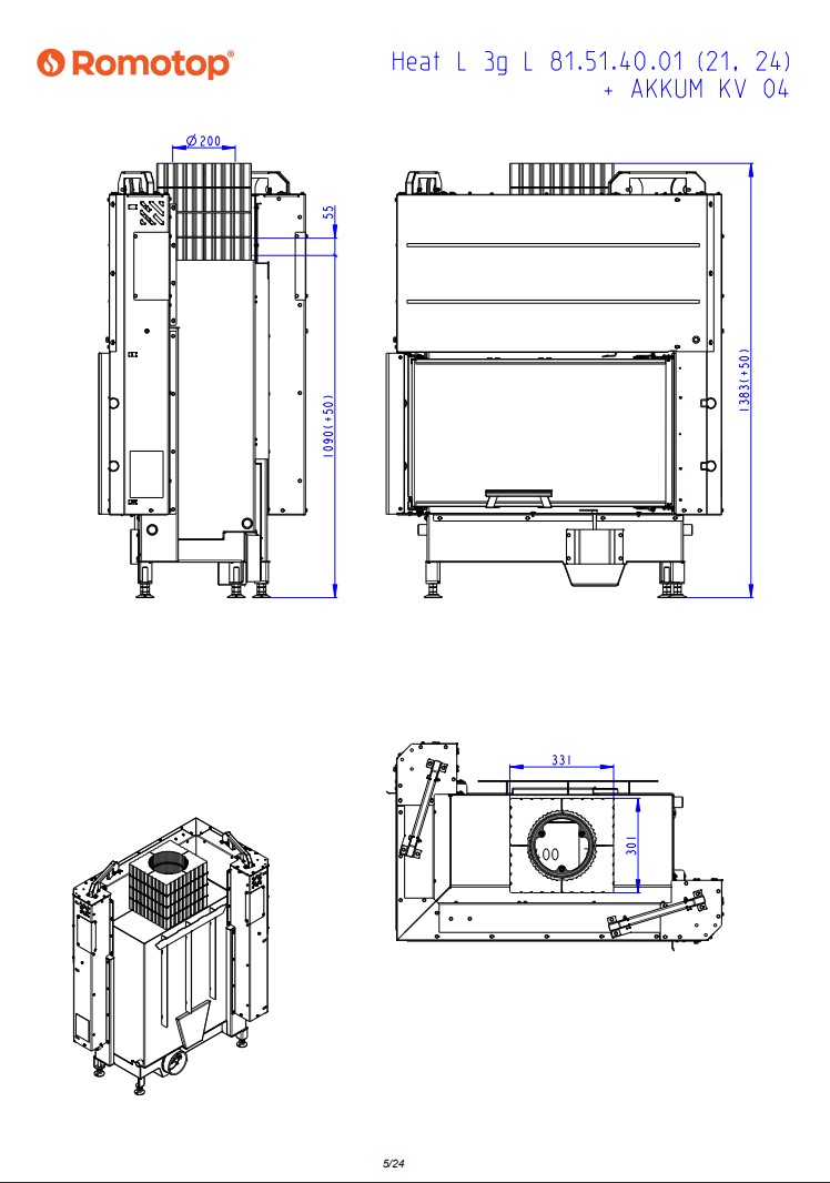 Romotop HEAT L 3g L 81.51.40.24 – кутова камінна топка з гільйотиною ліва