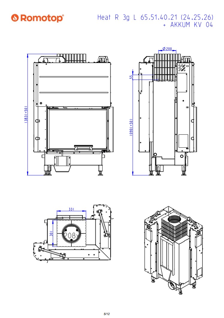 Romotop HEAT R 3g L 65.51.40.24 – кутова права камінна топка з гільйотиною