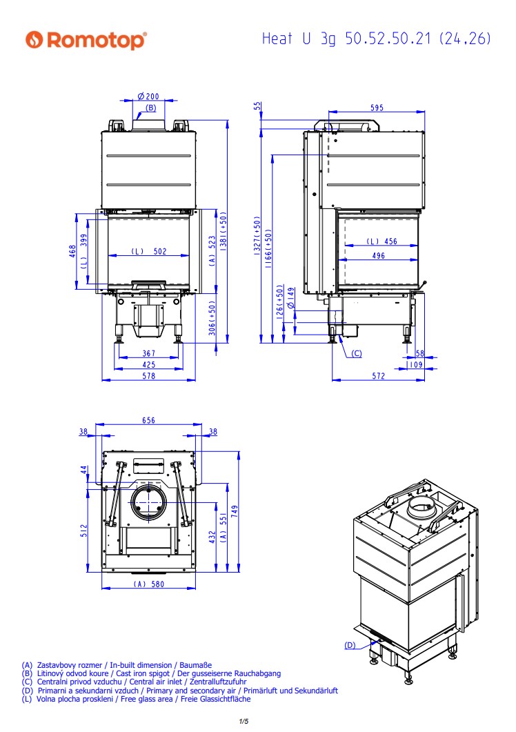 Romotop HEAT U 3g L 50.52.50.24 – тристороння топка для каміна з гільйотиною
