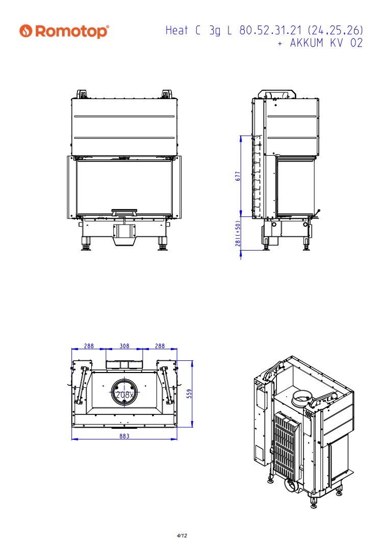 Romotop HEAT C 3g L 80.52.31.26 – тристороння камінна топка темна камера