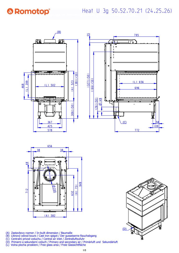 Romotop HEAT U 3g L 50.52.70.26 – тристороння топка для каміна темна камера