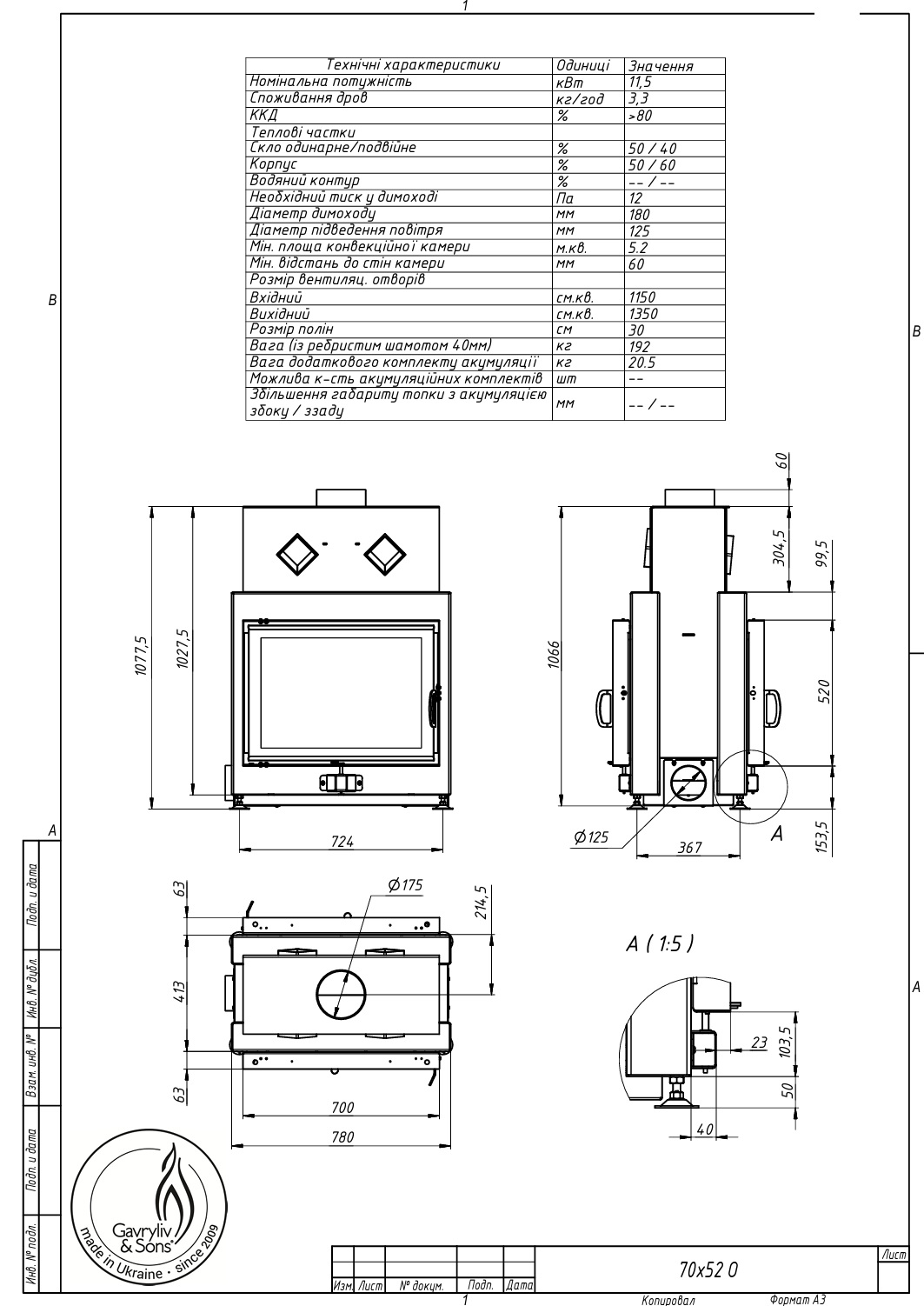 Повітряна камінна топка Gavryliv&Sons 70×52 тунельна