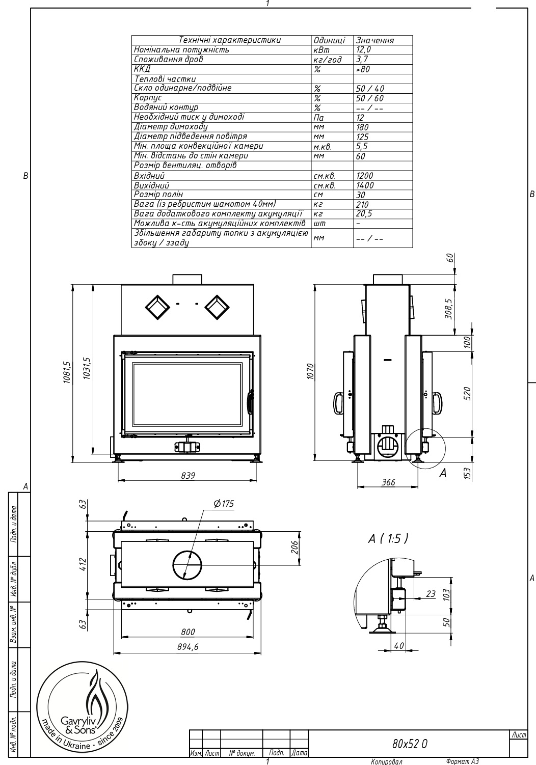 Повітряна камінна топка Gavryliv&Sons 80×52 тунельна