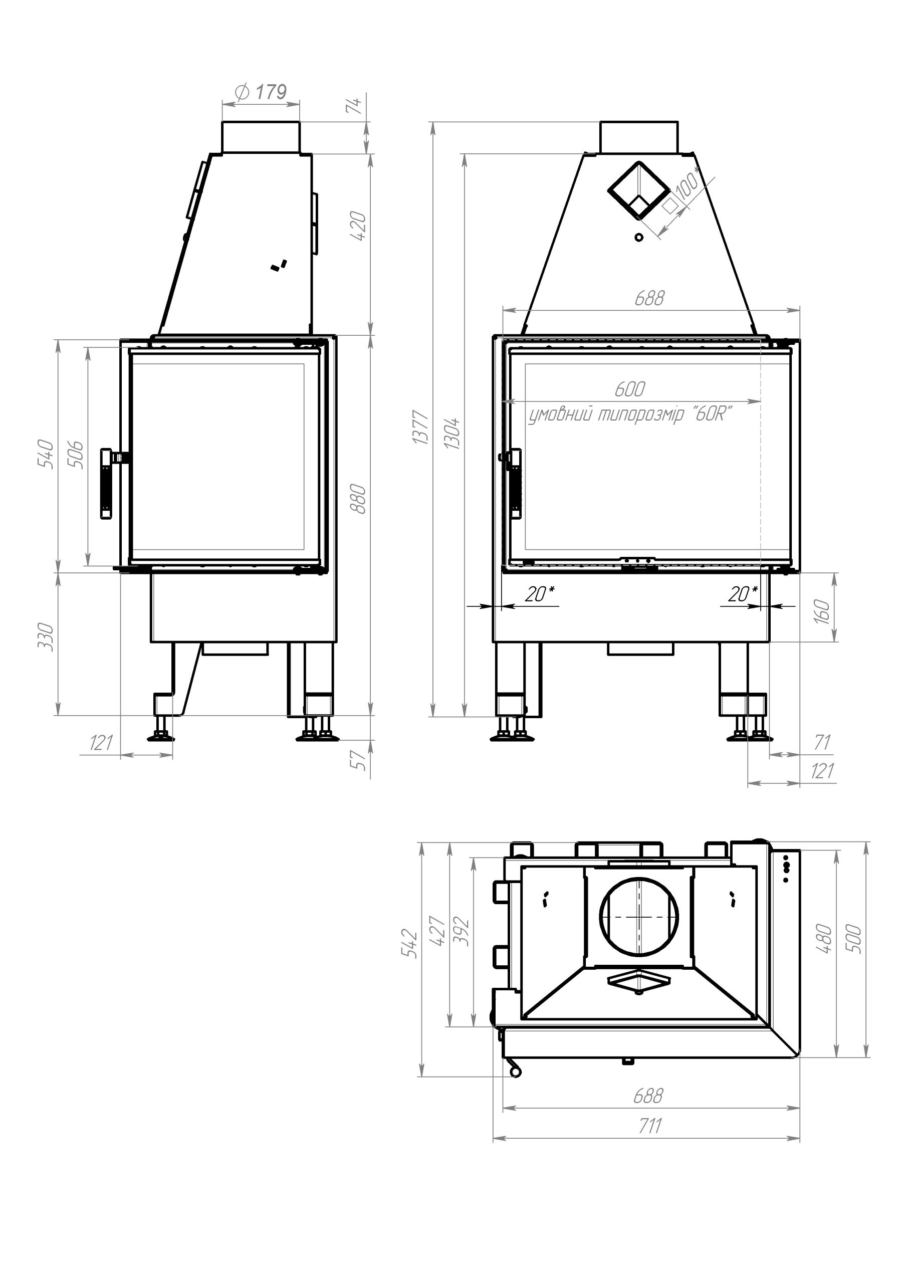 Каминная топка M-FIRE 60 (690/540) угловая правая (14kW)